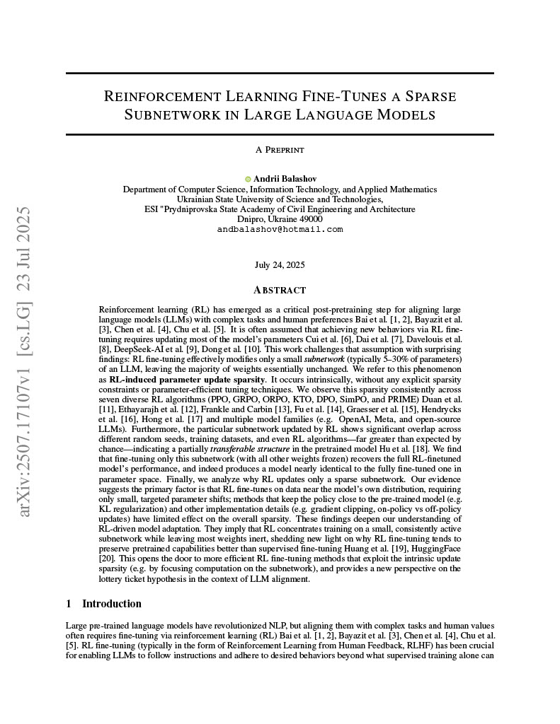 Reinforcement Learning Fine-Tunes a Sparse Subnetwork in Large Language Models