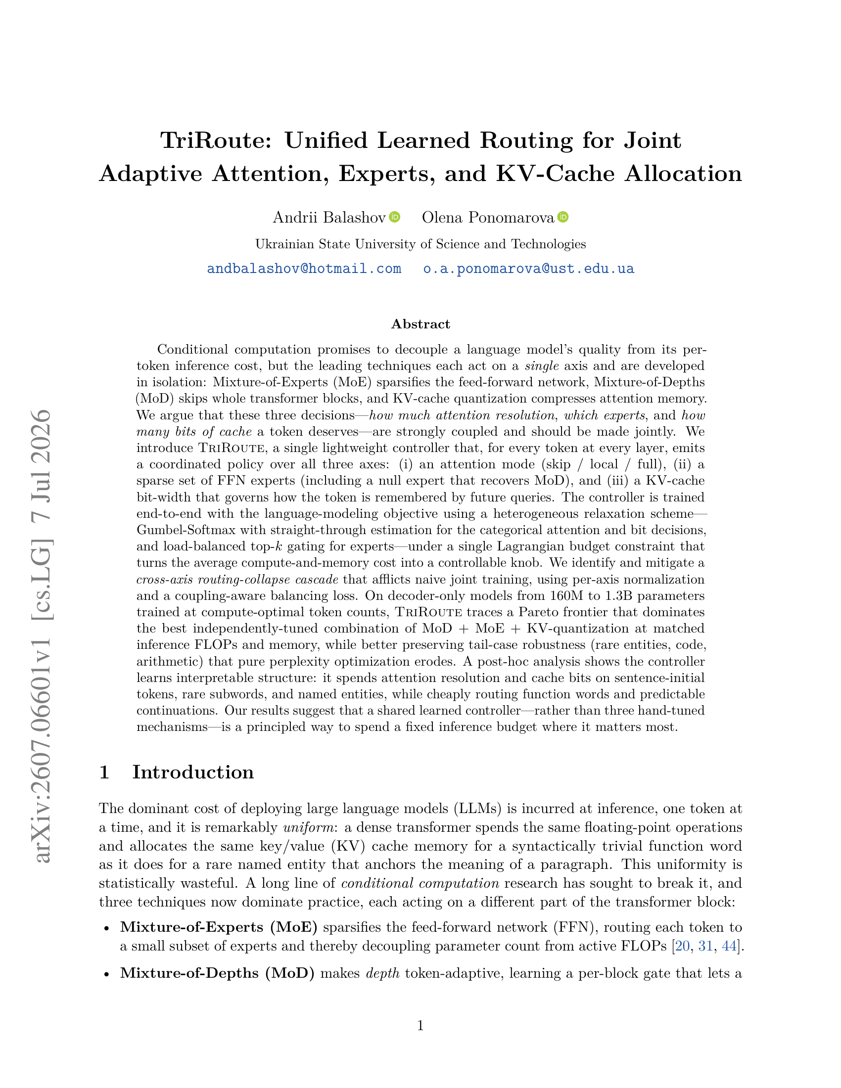 TriRoute: Unified Learned Routing for Joint Adaptive Attention, Experts, and KV-Cache Allocation